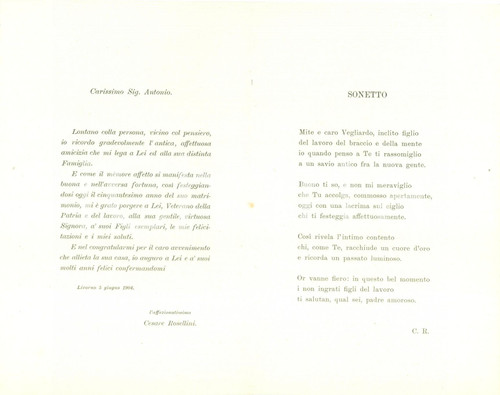 1904 LIVORNO Cantiere ORLANDO Nozze d'oro patriota Antonio TOSI - Poesia DATA: 5 giugno 1904LUOGO: LIVORNO - CANTIERE ORLANDO TITOLO: POESIA DI CESARE ROSELLINI AD ANTONIO TOSI PER LE SUE NOZZE D'ORO DESCRIZIONE: Documento d'epoca con il testo di una poesia dedicata ad Antonio Tosi da Cesare Rosellini, in occasione delle sue nozze d'oro:"... mi è grato porgere a Lei, Veterano della Patria e del lavoro, alla sua gentile, virtuosa Signora, a' suoi Figli esemplari, le mie felicitazioni e i miei saluti...".PAGINE: 4FORMATO: cm 11 x 17 CONDIZIONI: buone (lievi macchie). Documento d'epoca, originale, autentico.NOTA DEL REDATTOREAntonio Tosi (Milano, 22 ottobre 1828 – Livorno, 4 dicembre 1906) è stato un patriota italiano. Nel marzo del 1848 combatté durante le Cinque giornate di Milano distinguendosi durante l'assalto e nella difesa di Porta Tosa. Il Municipio di Milano gli conferì la medaglia con relativo diploma. In seguito, nello stesso anno, arruolatosi nell'esercito piemontese partecipò alla Campagna di Lombardia (o Prima Campagna Militare della Prima guerra d'indipendenza italiana), agli ordini del generale Durando. Dopo l'Armistizio di Salasco combatté a Varese, Sesto Calende ed Induno, sotto il comando di Garibaldi. Il 26 agosto 1848, dopo il combattimento a Morazzone, trovandosi nell'impossibilità di resistere alle forze austriache, seguì Garibaldi che, con pochi altri seguaci, si ritirò in Svizzera a Lugano. Nel 1849 si arruolò nell'esercito Sardo, al comando del generale Manfredo Fanti, Il 23 marzo subì la sconfitta della Battaglia di Novara. Durante la ritirata a Chiavari, preso dalle idee mazziniane, disertò con altri commilitoni per unirsi all'esercito della Repubblica Romana. Insieme ad altri compagni si recò via mare a Civitavecchia, dove tuttavia l'armata francese impedì loro di recarsi a Roma. Non potendo tornare a Milano, in quanto proscritto, si rifugiò a Torino e da qui, nel 1851 si trasferì a Genova dove trovò lavoro presso l'officina meccanica dei fratelli Orlando. Con essi strinse amicizia e lavorò per contribuire alla spedizione di Sapri e di Rosolino Pilo e per la preparazione clandestina di 72.000 cartucce per la spedizione dei Mille, oltre a bombe, cannoni ed altre armi.Quando i fratelli Orlando si trasferirono a Livorno, li seguì e ne divenne il capo operaio. Contribuì col suo lavoro alla costruzione della corazzata Lepanto (nave da battaglia) della Regia Marina, varata il 17 marzo 1883. In quella occasione si presentò, insieme ad altri due operai ed a sorpresa di tutti, nella Sala Maggiore della Prefettura di Livorno, a Sua Maestà il Re, al quale espresse la devozione degli operai del cantiere alla famiglia reale, la soddisfazione e l'orgoglio per il lavoro dell'industria privata italiana, e auspicando la continuità del lavoro stesso concluse con "Viva l'Italia!" e "Viva la famiglia Reale!". Nel 1893, durante l'epidemia di colera che si sviluppò a Livorno, fece parte delle squadre di assistenza ai colerosi. Il 9 aprile 1986 il Comune di Livorno gli conferì una medaglia a riconoscimento della sua opera efficace e benefica. Nel luglio 1894 entrò a far parte della "Società di Mutuo Soccorso fra i Garibaldini" di Livorno. Alla morte dell'ingegner Luigi Orlando, nel 1896, avendo raggiunto la veneranda età di 70 anni, fu esonerato dal lavoro col beneficio di mantenere la paga per il resto della sua vita, concessione accordatagli dallo stesso Luigi Orlando nel suo testamento. Il 29 gennaio 1898 ebbe l'onore ed il privilegio, in qualità di decano degli operai e di presidente onorario del comitato costituito fra il personale del cantiere Orlando per la costruzione della statua di Lugi Orlando, di deporre la prima mestolata di calcina sulla prima pietra del monumento, nella quale pietra era stata introdotta una pergamena ad imperituro ricordo della motivazione dell'erezione del medesimo. Il 5 gennaio 1899 S.M. Umberto I Re d'Italia gli concesse la "Medaglia ai benemeriti veterani degli anni 1848-1849 per la Guardia d'Onore alla Tomba del Re Vittorio Emanuele II". Il 6 marzo 1902 fu nominato Cavaliere del Lavoro. Insieme ad altri cinque fu il primo della storia dopo l'istituzione dell'Ordine al Merito del Lavoro il 9 maggio 1901. originale e autentica 1 1904 LIVORNO Cantiere ORLANDO Nozze d'oro patriota Antonio TOSI - Poesia DATA: 5 giugno 1904LUOGO: LIVORNO - CANTIERE ORLANDO TITOLO: POESIA DI CESARE ROSELLINI AD ANTONIO TOSI PER LE SUE NOZZE D'ORO DESCRIZIONE: Documento d'epoca con il testo di una poesia dedicata ad Antonio Tosi da Cesare Rosellini, in occasione delle sue nozze d'oro:"... mi è grato porgere a Lei, Veterano della Patria e del lavoro, alla sua gentile, virtuosa Signora, a' suoi Figli esemplari, le mie felicitazioni e i miei saluti...".PAGINE: 4FORMATO: cm 11 x 17 CONDIZIONI: buone (lievi macchie). Documento d'epoca, originale, autentico.NOTA DEL REDATTOREAntonio Tosi (Milano, 22 ottobre 1828 – Livorno, 4 dicembre 1906) è stato un patriota italiano. Nel marzo del 1848 combatté durante le Cinque giornate di Milano distinguendosi durante l'assalto e nella difesa di Porta Tosa. Il Municipio di Milano gli conferì la medaglia con relativo diploma. In seguito, nello stesso anno, arruolatosi nell'esercito piemontese partecipò alla Campagna di Lombardia (o Prima Campagna Militare della Prima guerra d'indipendenza italiana), agli ordini del generale Durando. Dopo l'Armistizio di Salasco combatté a Varese, Sesto Calende ed Induno, sotto il comando di Garibaldi. Il 26 agosto 1848, dopo il combattimento a Morazzone, trovandosi nell'impossibilità di resistere alle forze austriache, seguì Garibaldi che, con pochi altri seguaci, si ritirò in Svizzera a Lugano. Nel 1849 si arruolò nell'esercito Sardo, al comando del generale Manfredo Fanti, Il 23 marzo subì la sconfitta della Battaglia di Novara. Durante la ritirata a Chiavari, preso dalle idee mazziniane, disertò con altri commilitoni per unirsi all'esercito della Repubblica Romana. Insieme ad altri compagni si recò via mare a Civitavecchia, dove tuttavia l'armata francese impedì loro di recarsi a Roma. Non potendo tornare a Milano, in quanto proscritto, si rifugiò a Torino e da qui, nel 1851 si trasferì a Genova dove trovò lavoro presso l'officina meccanica dei fratelli Orlando. Con essi strinse amicizia e lavorò per contribuire alla spedizione di Sapri e di Rosolino Pilo e per la preparazione clandestina di 72.000 cartucce per la spedizione dei Mille, oltre a bombe, cannoni ed altre armi.Quando i fratelli Orlando si trasferirono a Livorno, li seguì e ne divenne il capo operaio. Contribuì col suo lavoro alla costruzione della corazzata Lepanto (nave da battaglia) della Regia Marina, varata il 17 marzo 1883. In quella occasione si presentò, insieme ad altri due operai ed a sorpresa di tutti, nella Sala Maggiore della Prefettura di Livorno, a Sua Maestà il Re, al quale espresse la devozione degli operai del cantiere alla famiglia reale, la soddisfazione e l'orgoglio per il lavoro dell'industria privata italiana, e auspicando la continuità del lavoro stesso concluse con "Viva l'Italia!" e "Viva la famiglia Reale!". Nel 1893, durante l'epidemia di colera che si sviluppò a Livorno, fece parte delle squadre di assistenza ai colerosi. Il 9 aprile 1986 il Comune di Livorno gli conferì una medaglia a riconoscimento della sua opera efficace e benefica. Nel luglio 1894 entrò a far parte della "Società di Mutuo Soccorso fra i Garibaldini" di Livorno. Alla morte dell'ingegner Luigi Orlando, nel 1896, avendo raggiunto la veneranda età di 70 anni, fu esonerato dal lavoro col beneficio di mantenere la paga per il resto della sua vita, concessione accordatagli dallo stesso Luigi Orlando nel suo testamento. Il 29 gennaio 1898 ebbe l'onore ed il privilegio, in qualità di decano degli operai e di presidente onorario del comitato costituito fra il personale del cantiere Orlando per la costruzione della statua di Lugi Orlando, di deporre la prima mestolata di calcina sulla prima pietra del monumento, nella quale pietra era stata introdotta una pergamena ad imperituro ricordo della motivazione dell'erezione del medesimo. Il 5 gennaio 1899 S.M. Umberto I Re d'Italia gli concesse la "Medaglia ai benemeriti veterani degli anni 1848-1849 per la Guardia d'Onore alla Tomba del Re Vittorio Emanuele II". Il 6 marzo 1902 fu nominato Cavaliere del Lavoro. Insieme ad altri cinque fu il primo della storia dopo l'istituzione dell'Ordine al Merito del Lavoro il 9 maggio 1901. originale e autentica 1
